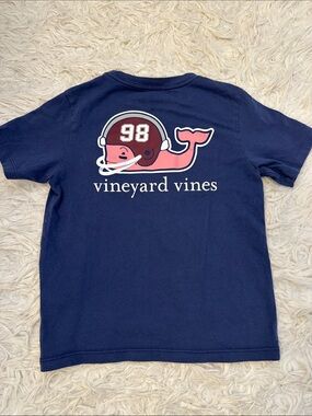 Vineyard Vines Navy Tee with Pink Whale Football Graphic